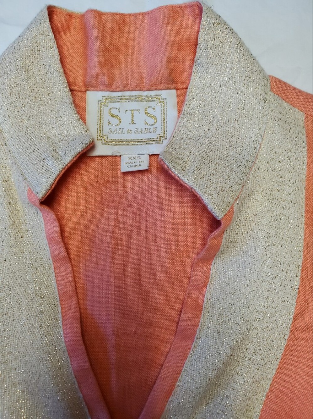 Sail to Sable Linen Tunic Dress XXS Coral Gold Metallic Trim Long Sleeve Mini - Picture 2 of 9